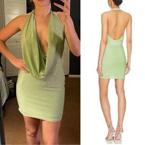 NWT Superdown Saffron Green Metallic Glitter Mini Dress Cowl Neck Halter size S